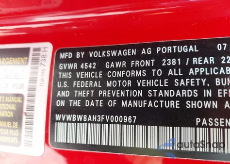 2015 Volkswagen Eos Komfort z USA, uszkodzony, nr VIN WVWBW8AH3FV000967